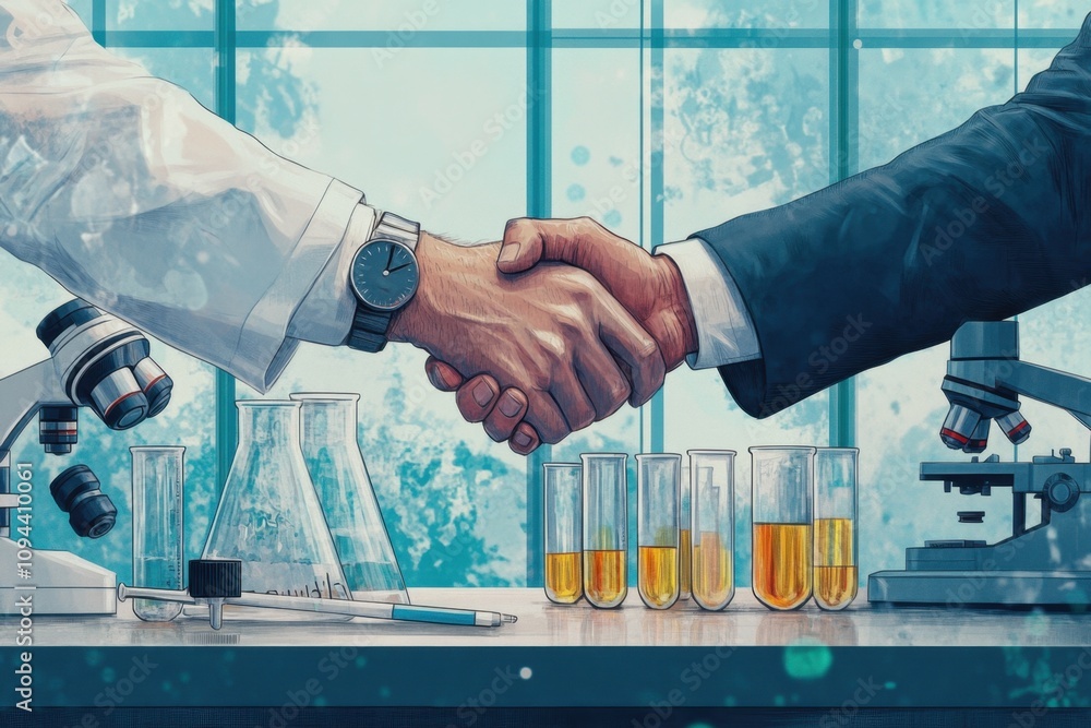 Aufkleber research partnership agreement between scientist and businessman in a laboratory setting with micros