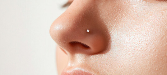 Woman showing nose piercing with small diamond stud