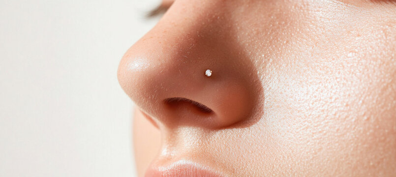 Woman showing nose piercing with small diamond stud