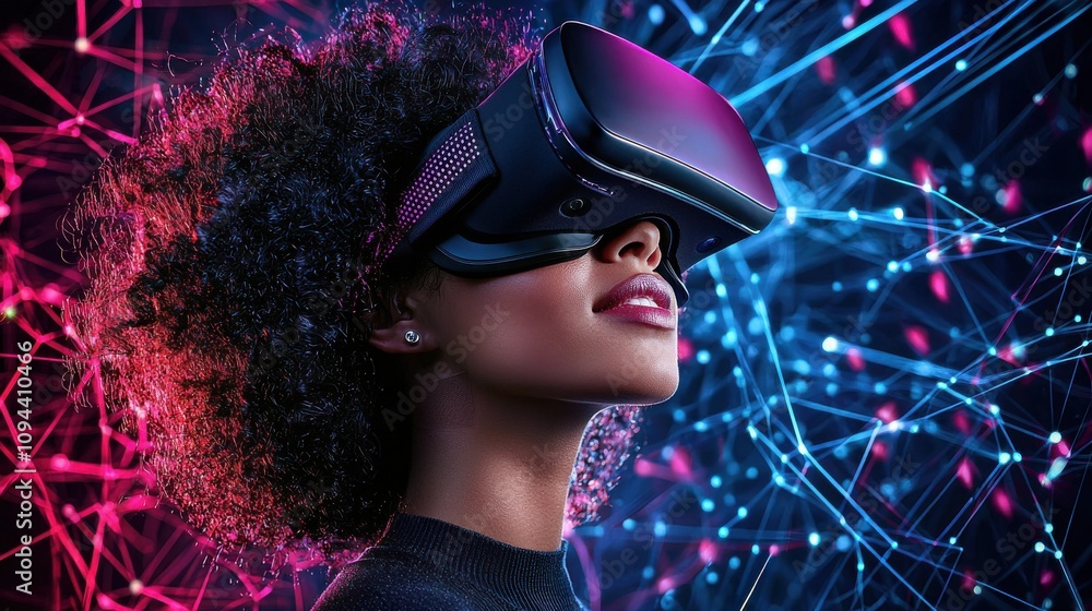 Poster futuristic virtual reality headset immersing in neon cyberpunk style digital universe with glowing g
