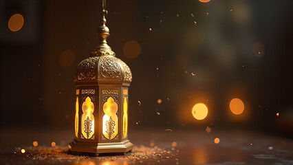 Fototapeta premium Ornate Ramadan Lantern with Warm Glow. Concept of Islamic celebration, spirituality, and hope.