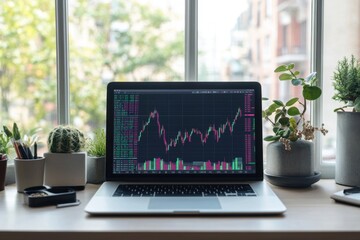 Modern Minimalist Workspace with Laptop Displaying Stock Market Data, Indoor Plants, Natural Light, and Organized Desk for Financial Analysis and Trading Enthusiasts