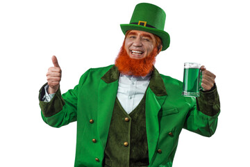 Leprechaun elf on St. Patrick's Day. Cheerful character Irish leprechaun for advertising with a red...