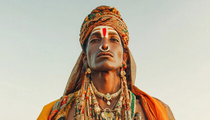 Obraz premium Portrait of a sadhu wearing traditional indian clothing and jewelry