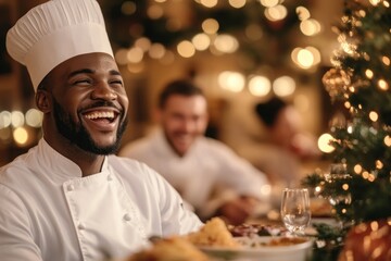 Smiling chef in a festive dining room setting.