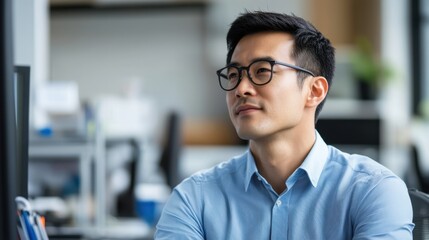 Obraz premium Professional Asian Man in Office Attire Sitting at Desk with Computer, Deep in Thought, Reflecting on Work, in Modern Workspace Setting