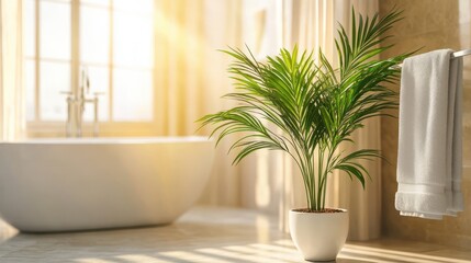 Fototapeta premium Potted palm plant in a white marble bathroom, elegant decor with natural sunlight