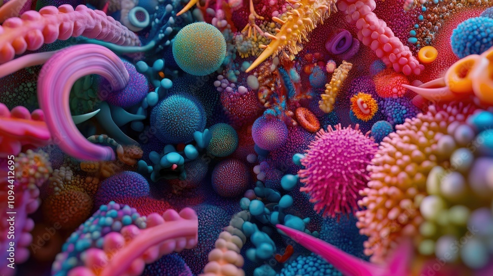 Poster a vibrant, abstract representation of microscopic organisms filled with colorful textures and shapes