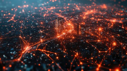 Vibrant city nightscape with interconnected networks showcasing technology and innovation.