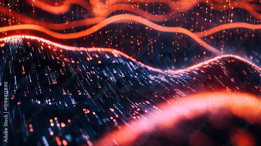 Poster abstract digital waves in red and blue tones create a dynamic visual effect, representing technology