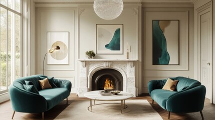 An airy living room with teal velvet furniture, a white veined marble fireplace, and a dome-shaped chandelier.