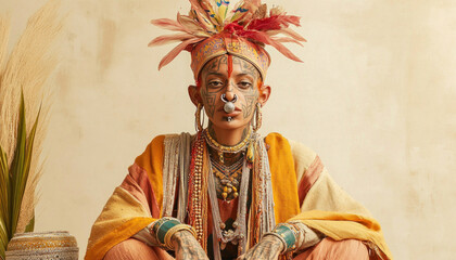 Obraz premium Indigenous person wearing traditional clothing and accessories posing indoors
