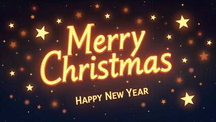 Merry Christmas and Happy New Year greeting card with golden stars. Holiday celebration concept.