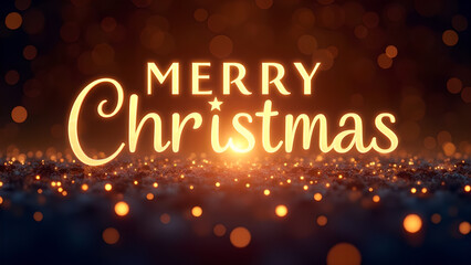 Merry Christmas golden text with bokeh lights. Festive holiday greeting concept.