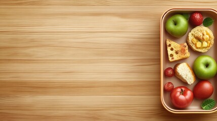 A vibrant assortment of fresh fruits and baked goods on a wooden tray.