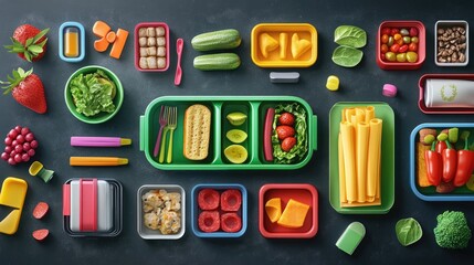 Colorful meal prep with assorted healthy foods neatly organized in vibrant containers.