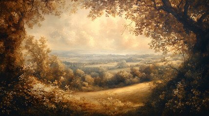 A serene Baroque painting of a countryside scene with soft lighting and golden tones.