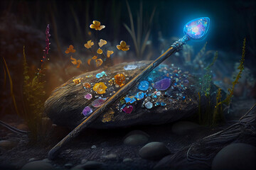 Magical wand decorated with luminous gemstones and mystical runes in enchanted forest