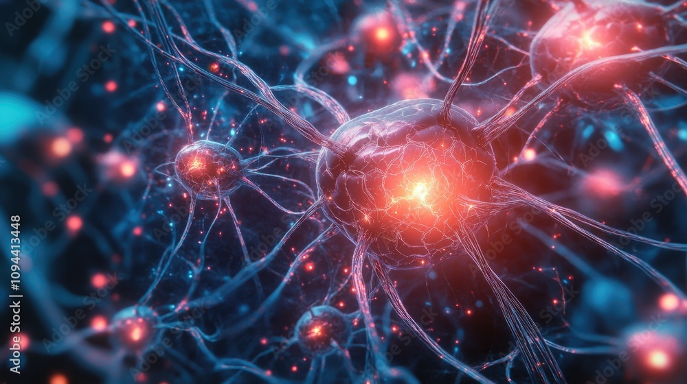 Poster vivid digital illustration of neurons with glowing synapses in a neural network, showcasing complex 