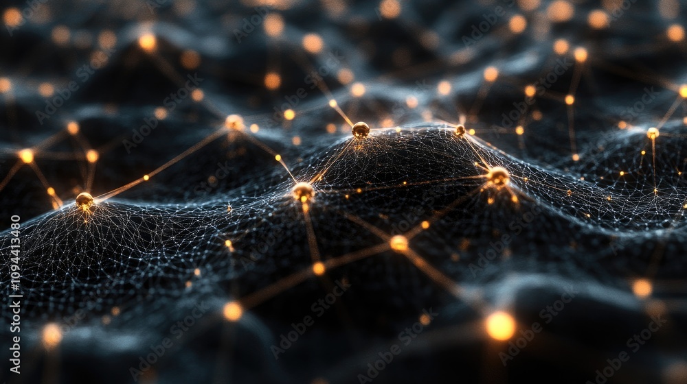 Poster a mesmerizing abstract representation of interconnected networks illuminated by golden nodes.