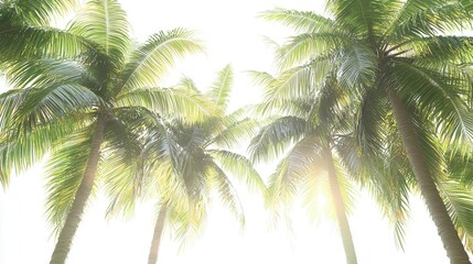 Fototapeta premium Lush palm trees basking in golden sunlight, creating a tranquil tropical atmosphere.