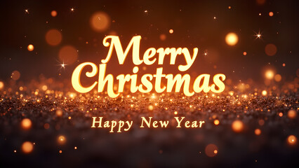 Merry Christmas and Happy New Year greeting card with golden glitter. Concept of celebration, winter holidays, and festive season.