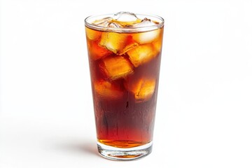 glass of soft cola with ice on white