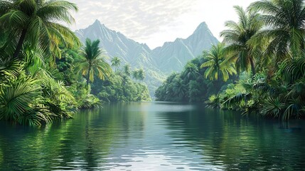 Obraz premium Serene landscape featuring lush greenery, mountains, and a reflective river.