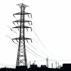 Tall electricity pylon, power lines, urban silhouette.