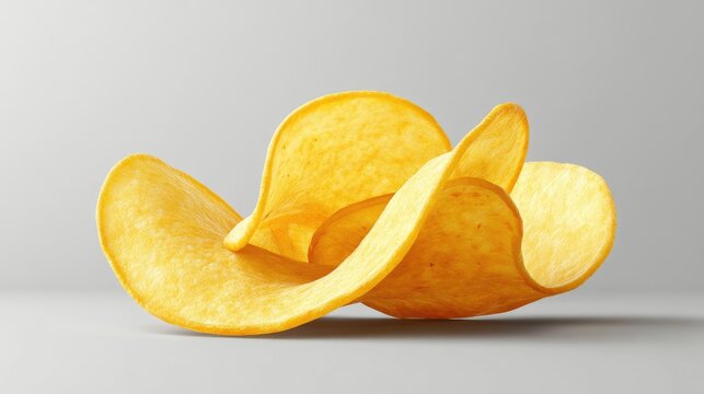 Close-up of delicious, curled potato chips arranged artfully against a neutral background.
