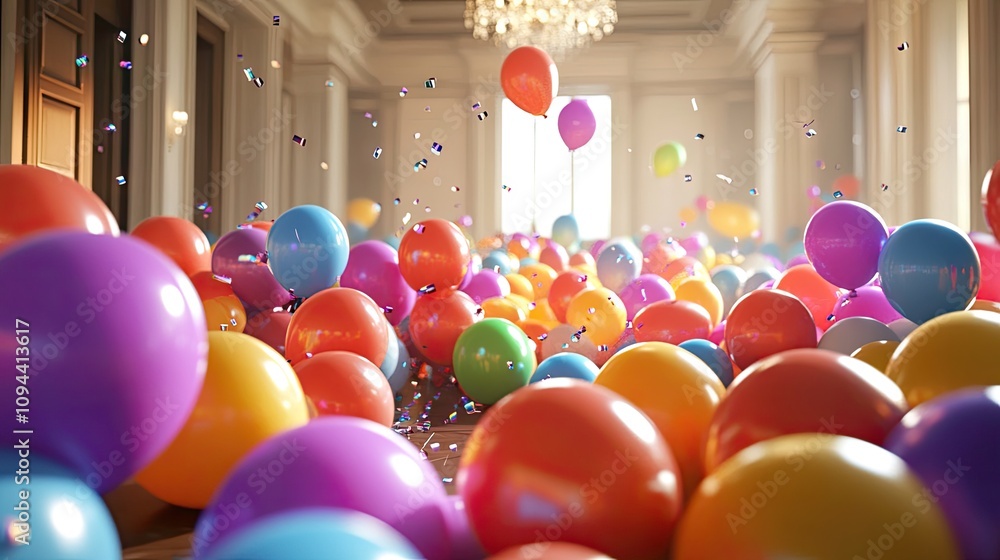 Poster a vibrant array of colorful balloons fills a grand hall, creating a festive and cheerful atmosphere.