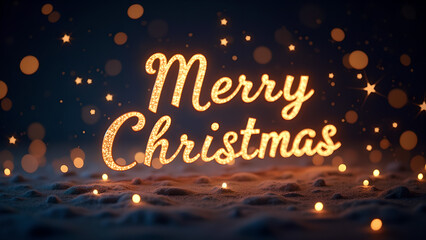 Merry Christmas text with glowing lights and bokeh. Concept of winter holidays and festive season.