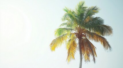 A vibrant palm tree with lush green and golden leaves against a bright sky.