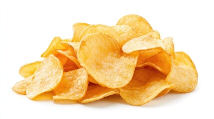 A tantalizing pile of golden potato chips on a white background, inviting snack lovers with their crispy texture.