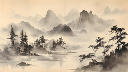 A serene Japanese ink painting on parchment depicting mountains and mist with delicate brushstrokes.