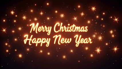Merry Christmas Happy New Year Glowing Text with Sparkles. Holiday celebration concept.
