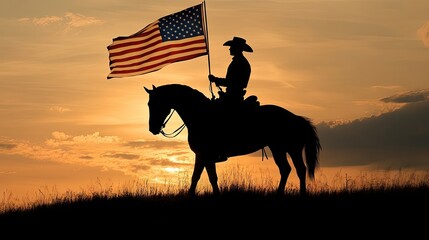 A silhouette of a male cowboy riding a horse, proudly holding the American flag against a stunning sunset.