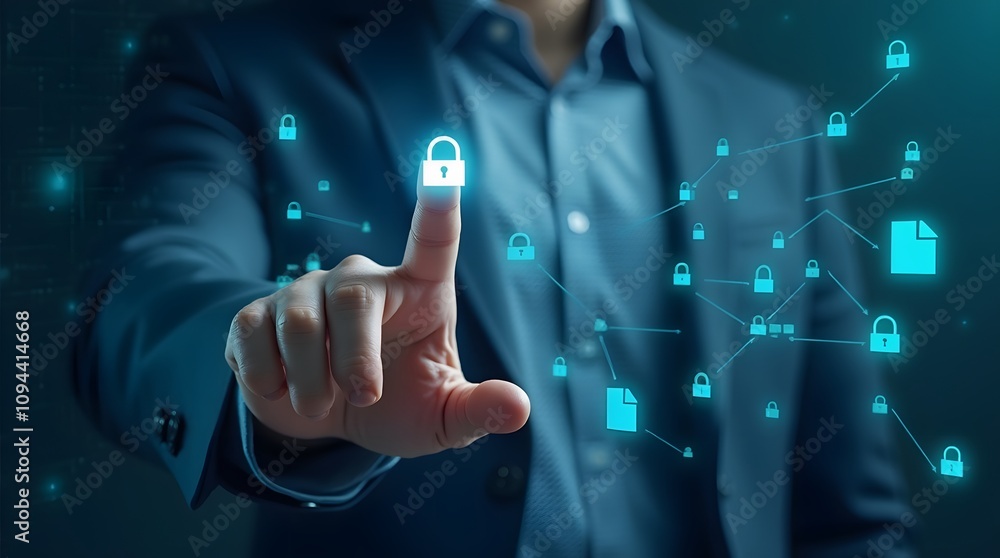 Aufkleber Man Engaged with Digital Interface for Efficient Data Transfer and Management, Representing Modern Technological Innovations in Business Operations