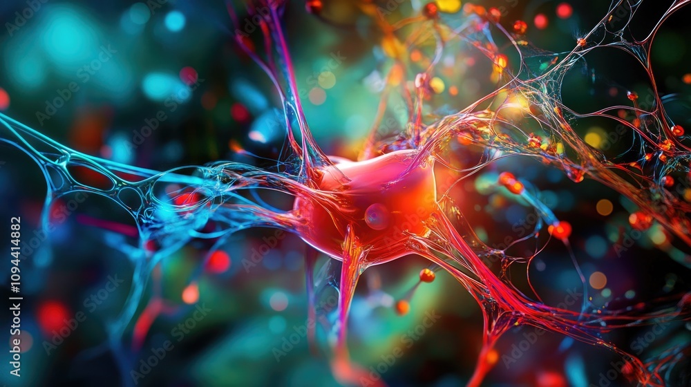 Poster close-up of a vibrant neuron showcasing intricate details and colorful synaptic connections.