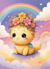 Naklejka premium A cute chubby yellow creature with a crown of vibrant flowers sits on fluffy clouds with a rainbow backdrop, evoking a magical and cheerful atmosphere