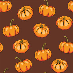 Seamless pattern with halloween pumpkins on color background. Scary and funny faces. Cute Pumpkin or ghost. Vector autumn holidays illustration.