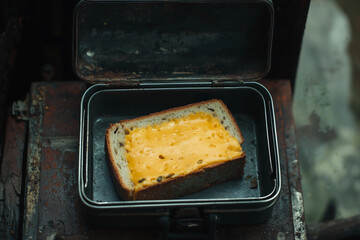 delicious cheese sandwich in lunchbox, showcasing melted cheese on bread, evokes sense of comfort and nostalgia. Perfect for quick meal or snack