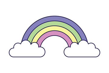 Rainbow and clouds on white background. Retro illustration with outline in 90s style. Isolated vector illustration.