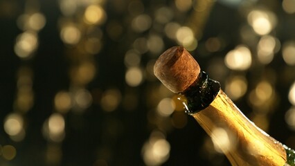 Celebration theme with champagne bottle on black background.
