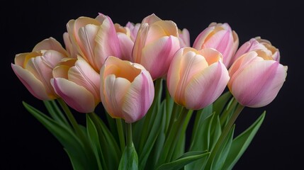 Fototapeta premium Close-up of a bouquet of pink and peach tulips against a black background.