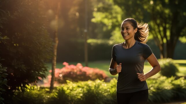 A joyful runner in a black shirt enjoys a sunlit run in a lush park, her smile reflecting freedom and vitality.