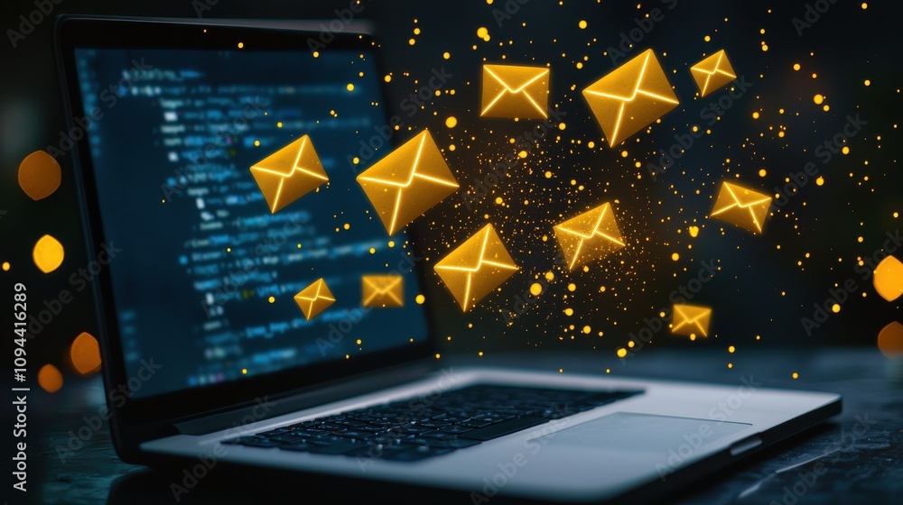 Poster glowing email symbols emerging from laptop screen during coding and programming