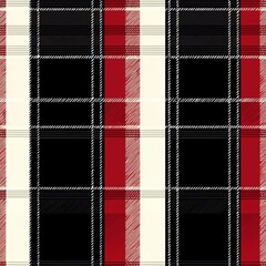 Seamless pattern of black, white, and red tartan with bold vertical stripes
