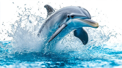 Naklejka premium A playful, light-blue dolphin leaps out of water, surrounded by splashes.