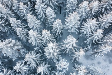 Aerial view of snow-covered pine trees. Perfect for winter, nature, and holiday themes; evokes serenity and beauty.